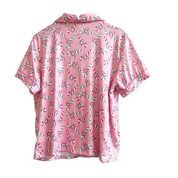 Candy Cane Pajama Set Collared Button Front & Shorts Size Medium Pink Holiday - Picture 3 of 8